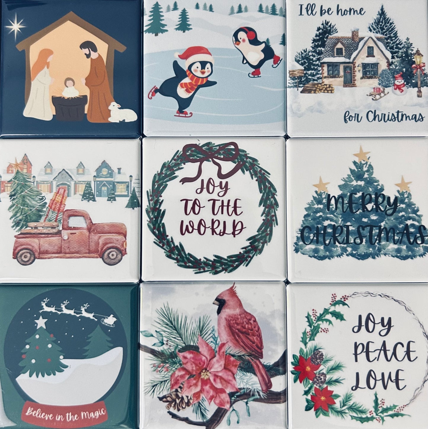Christmas Magnets - Set of 9 2"x2" Pre-Designed Magnets